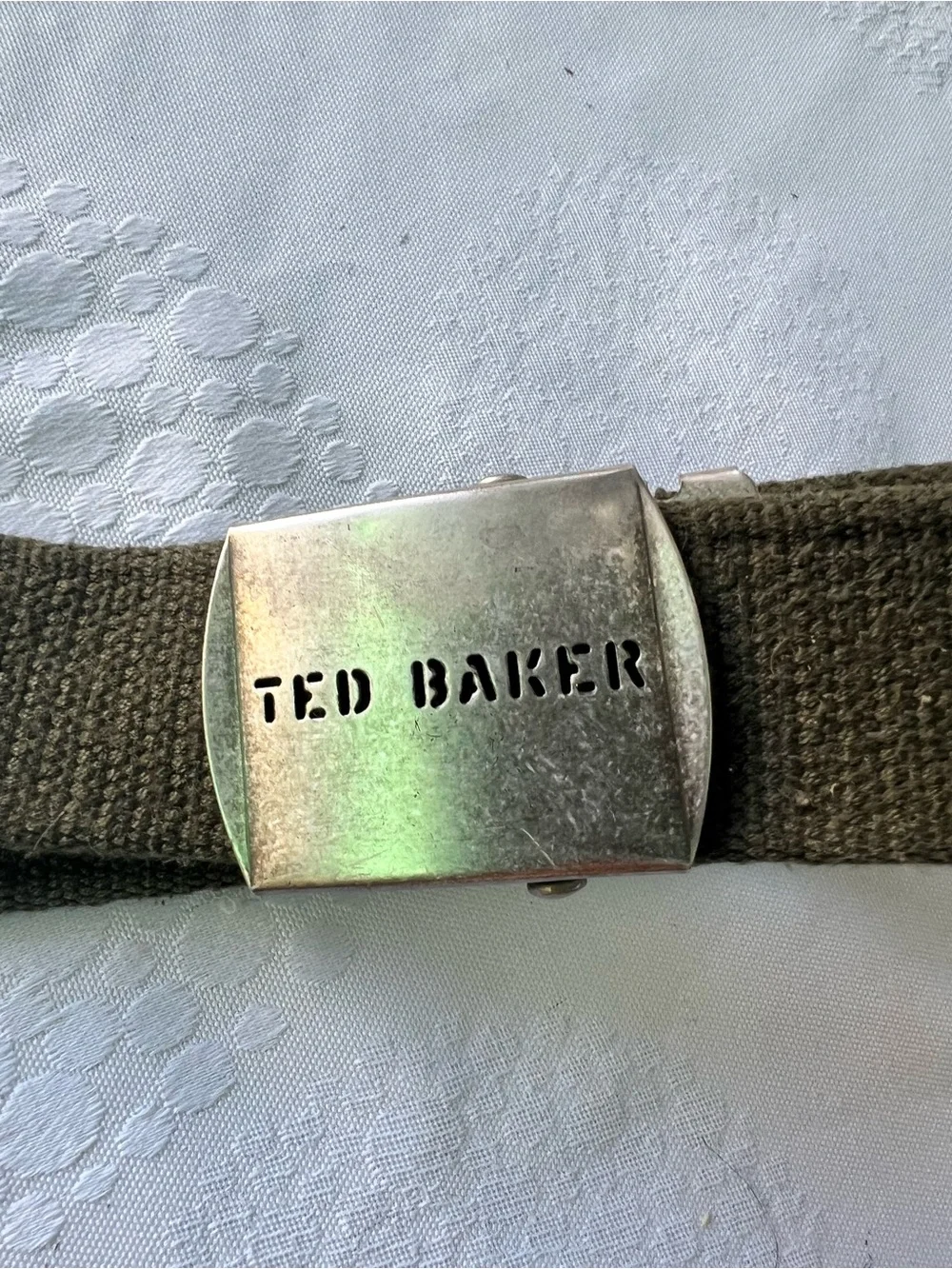 Ted Baker Olive Green Canvas Belt with Silver-Tone Buckle